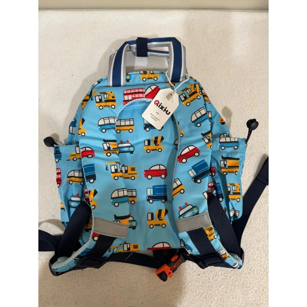 Boys QIXIU Backpack Small Blue Vehicle Print zip and side pockets adjustable